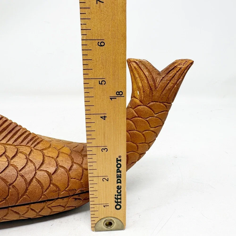 Hand Carved Wooden Fish Trinket Box Nautical‎ Coastal Decor Brown Storage 11.5in